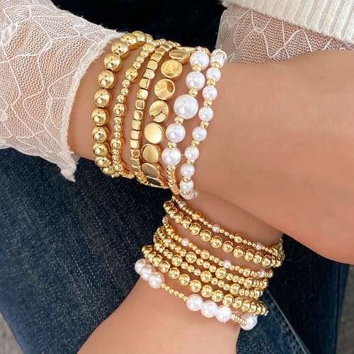 KISS WIFE Bracelets for Women, 13 Pcs Gold Silver Beaded Bracelet Stack with Faux Pearl, Stretch Elastic Strand Ball Fashion Jewelry Set, Adjustable Accessories Gifts - color: Gold