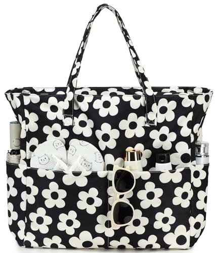 Bluboon Waterproof Beach Tote Pool Bags for Women Ladies Extra Large Carry On Bag With Wet Compartment for Weekender Travel - color: Beige Flower With Black Background