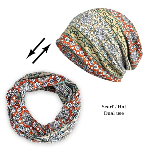 XYIYI Womens Chemo Headwear Hats Cotton Slouchy Beanie Cap Scarf - color: 2pcs Daisy Navy Orange