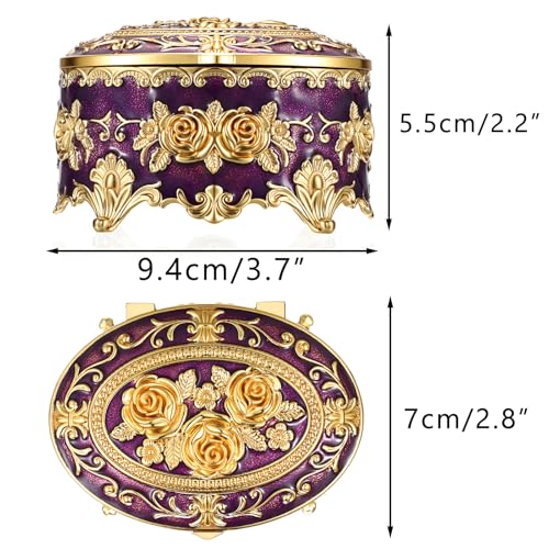 Hipiwe Vintage Oval Jewelry Storage Box Metal Trinket Organizer Purple Treasure Chest Box for Earring Necklace Ring Holder Gift for Women - color: Purple