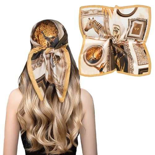 Relang Fashion Silk Satin Head Scarf for Women Hair Bandana Hair Scarf Wrap Neck Scarf for Women 27.5×27.5 inches - color: Camel Tone Zebra Pattern Satin Scarf