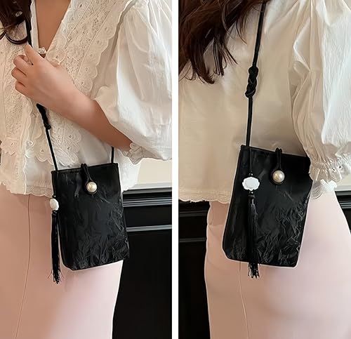 Women Mini Crossbody Bags Small Shoulder Bags CellPhone Purse Tassels Wallet Purse for Women - color: Black