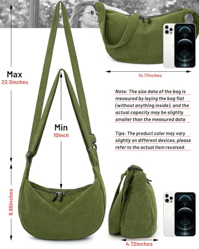 Crossbody Crescent Bag for Women Men Trendy, Crescent Sling Bag with Adjustable Strap, 2 Zippers Lightweight - color: Corduroy-green