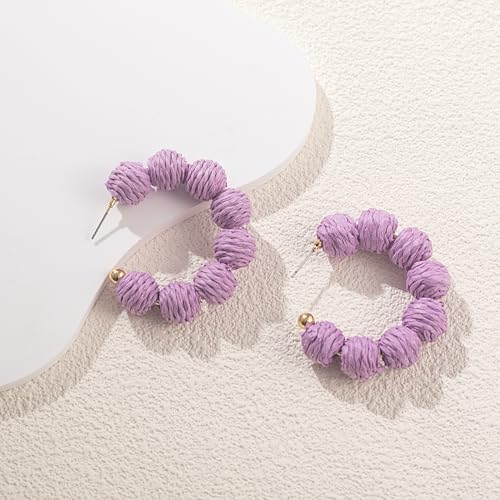Raffia Hoop Earrings Statement Boho Beaded Earrings Cute Rattan Handmade Colorful Jewelry for Women Unique Summer Outfits - color: Purple