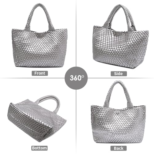 Handmade Woven Tote Bag for Women, Soft Vegan Leather Shoulder Bag with Purse, Large Travel Handbag - color: Silver
