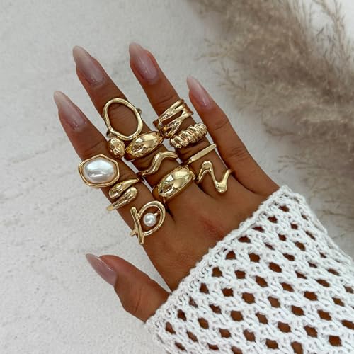 Gold Rings for Women Non Tarnish Stackable Rhinestone Moon Star Rings Dainty Stacking Pearl Butterfly Midi Pinky Thumb Joint Finger Knuckle Ring Set Gold Non Tarnish Jewelry Gifts Trendy Stuff - color: Q Chunky Gold Rings 11Pcs