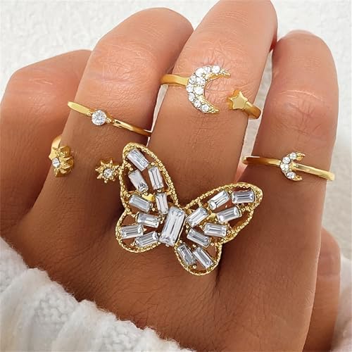 Knuckle Rings Set for Women,Simple Dainty Stackable Finger Ring Pack Minimalist Cute Butterfly Moon Heart Rings Boho Statement Jewelry Size Mixed - style: Style-D
