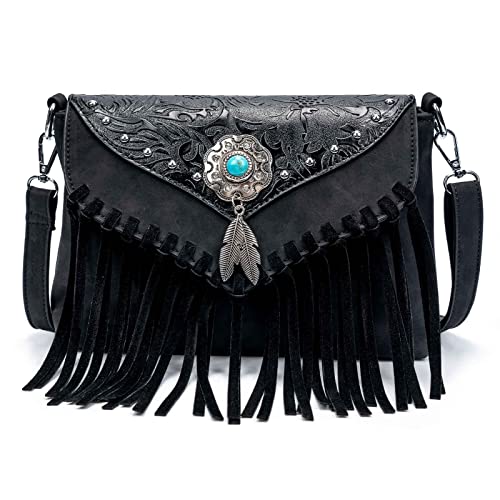 LAVAWA Small Crossbody Bags for Women Crossbody Handbag Fringe Purse Tassel Shoulder Bag Turquoise Concho Wallet - color: Black