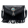 LAVAWA Small Crossbody Bags for Women Crossbody Handbag Fringe Purse Tassel Shoulder Bag Turquoise Concho Wallet - color: Black