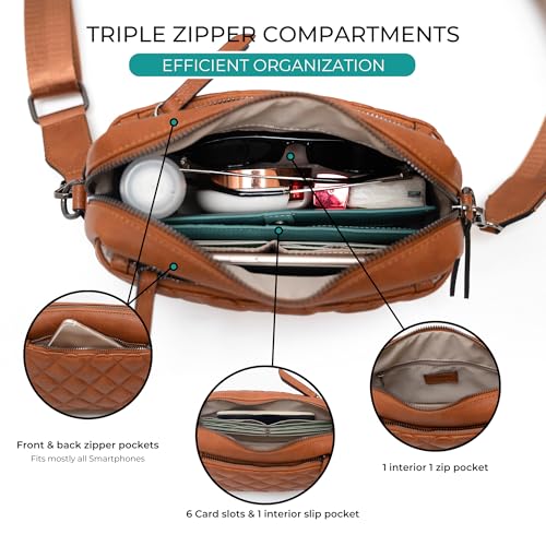 Alldaily Small Triple Zip Crossbody Purse for Women, Vegan Leather Phone Bag with Wide Shoulder Strap - color: Quilted Brown