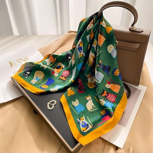 CHUNG Women's Scarf Hair Bandanas Square 27.5" Satin Wrap Fashion Pattern Scarves Emulation Silk Handbag Ribbons Necktie - color: Dark Green Cats