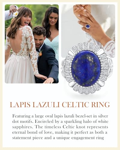 AIBAO 4-12 Ct Large Oval Engagement Rings for Women Natural Turquoise/Lapis Lazuli/Malachite Celtic/Infinity/Love Knot Halo Ring Size 6 to 10 Anniversary Christmas Valentines Gift - style: 9.5 Ct Lapis Lazuli & Created White Sapphire