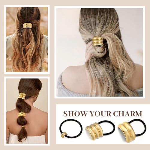 3PCS Gold Hair Ties, Metal Hair Ties for Thick Hair, Elegant Durable Geometric Design, Gold Hair Accessories Stretchy and Non-Damage Ponytail Holders - color: Gold Set 04
