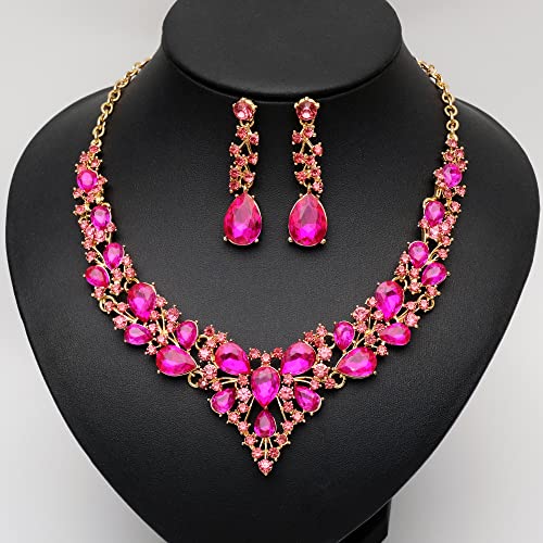 CSY 4 Pcs/Set Austrian Crystal Necklace Earrings Bracelet Ring Bridal Jewelry Sets for Brides Wedding Party Costume Accessories Gifts for Women - color: 02-gold plated-hot pink crystal