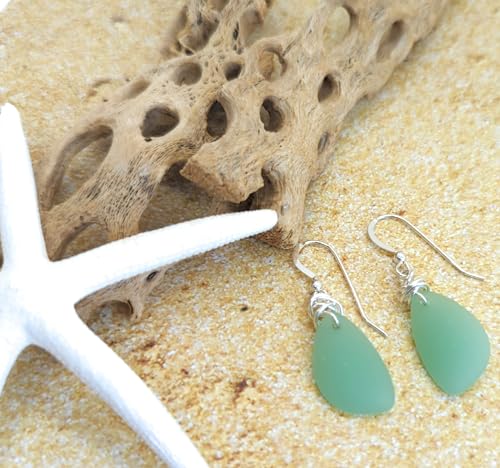 Popular Recycled Sea Glass Earrings on Sterling Silver Hooks - color: Jade Green 2