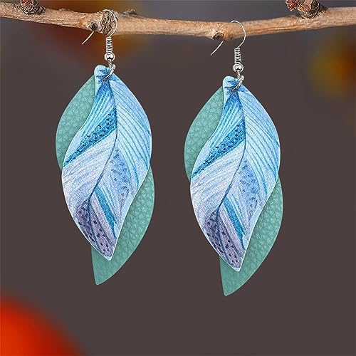 ANXIN boho unique Leather Earrings 2 Layered Lightweight Faux Leather Leaf Earrings Layered Design Drop Earrings Gift for Women - color: 1 Green Faux Leather Leaf Earrings