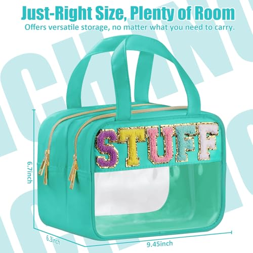 BuyCard Chenille Letter Clear Makeup Bags, Stuff Bag for Travel, Preppy Patch Nylon Cosmetic Bag with Handles and Zipper, Waterproof Large Clear Travel Toiletry Bag Storage Bag for Women - color: Green-Stuff