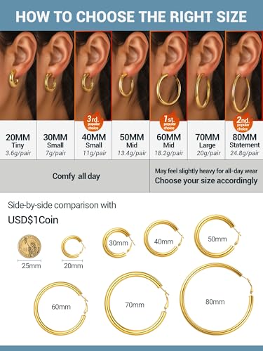 Stainless Steel Chunky Hoop Earrings For Women, Minimalist and Chic, Black/Gold Plated, Round Hoops Earrings Hypoallergenic, Size: 30mm/40mm/60mm/80mm, Come with Box - color: 1. Gold, size: 70MM