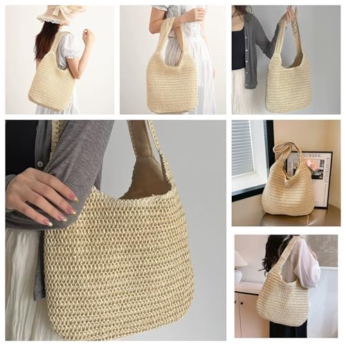 Aphoraeny Straw Beach Bag Buckets Totes Handbag Shoulder Tote Bag Straw Purse Summer Purse Women Summer Handbag - color: C-beige