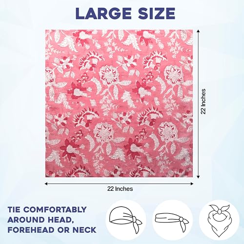 AVKA Studio 100% Cotton Bandanas for Women & Men, 2 Pack 20x20 Inch, 22x22 inch Hand Printed, Lightweight Cotton Handkerchief - color: Pink & White, size: 22 x 22 Inches Large