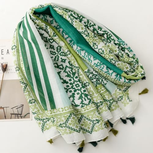 WaJuemy Travel Boho Scarf for Women Casual Lightweight Pashmina Scarves Fashion Multicolor Shawl Wraps with Fringed Beads - color: 01b Green Boho