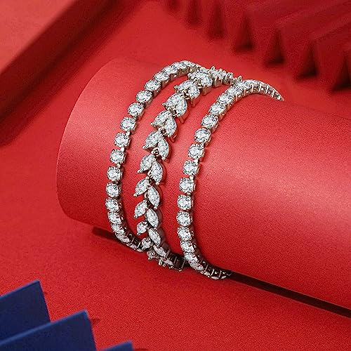 GEMOSA 3 Pcs Tennis Bracelet Set 14K Gold Plated Marquise Cubic Zirconia CZ Diamond Dainty Adjustable Silver Bracelets for Women Brides Stackable Fashion Jewelry Wedding Prom Gift - color: White