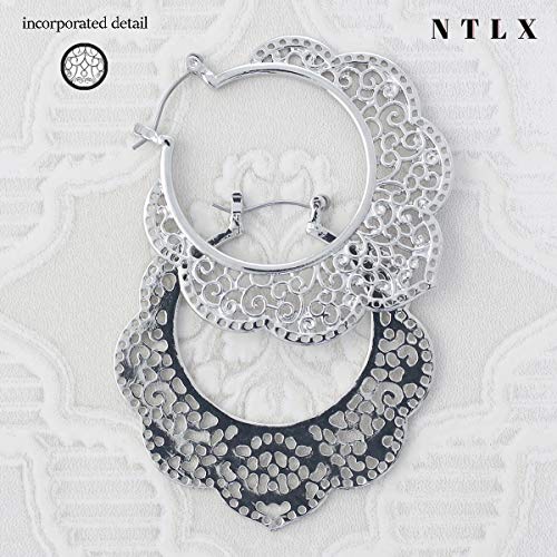 Bohemian Boho Filigree Hoop Earrings for Women – Intricate & Delicate Cutout Design Details – Tribal Floral Gypsy Lightweight Geometric Metallic Statement Earrings - style: Outer Floral - Silver