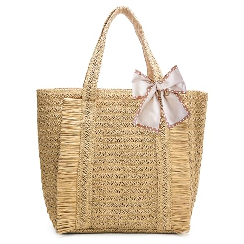 Peicees Straw Woven Bag for Women- Beach Tote Purse with Leak-Proof Lining Summer Travel Vacation Boho Shoulder Bag Large 17L - color: Khaki