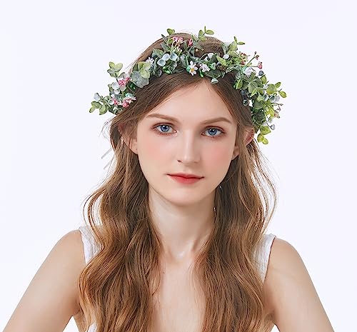 Vivivalue Floral Crown Flower Garland Headband Hair Wreath Floral Headpiece Halo Boho with Ribbon Wedding Party Festival Photos - color: Z