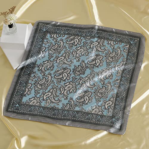 QBSM Womens 23.6 inch Satin Silk Feeling Formal Square Neck Scarf Head Hair Wraps Kerchief - color: Cashew Flowers-blue