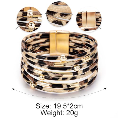 Fesciory Leather Wrap Bracelets for Women, Boho Leopard Multi-Layer Crystal Beads Cuff Bracelet Jewelry - color: Brown Leopard