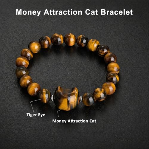 Beaded Bracelets for Women, Black Obsidian Money Attraction Bracelet, 8mm Healing Relax Anxiety Luck Crystal Bead Bracelets, Adjustable Jewelry Feng Shui Stretch Bracelet Cat Lover Gifts for Women Men - color: Tyger Eye Cat