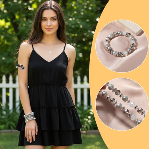 5PCS Beaded Stretch Bracelet Stackable Stylish Beaded Bracelets for Women Crystal Bead Boho Stretch Layering Stone Bracelets Trendy Costume Jewelry Gift Multilayered Disco Ball Faceted Bracelet - color: Gray, Silver
