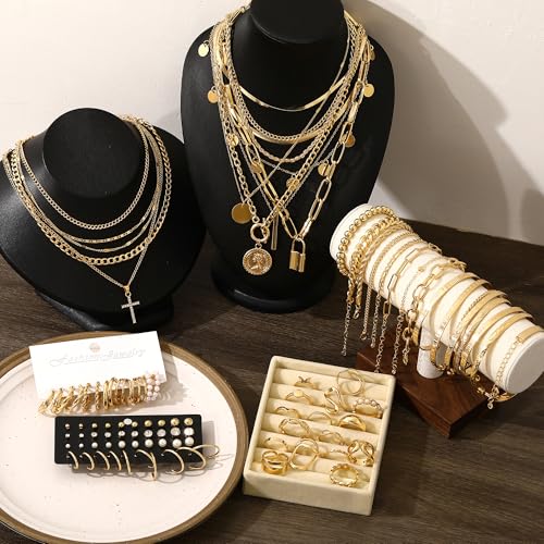 FAXHION 68 Pcs Gold Jewelry Set for Women with 7 Necklace, 17 Bracelet, 5 Hoop Earrings, 15 Stud Earrings, 24 Knuckle Rings for Women Jewelry Set for Women Gift - color: gold jewelry