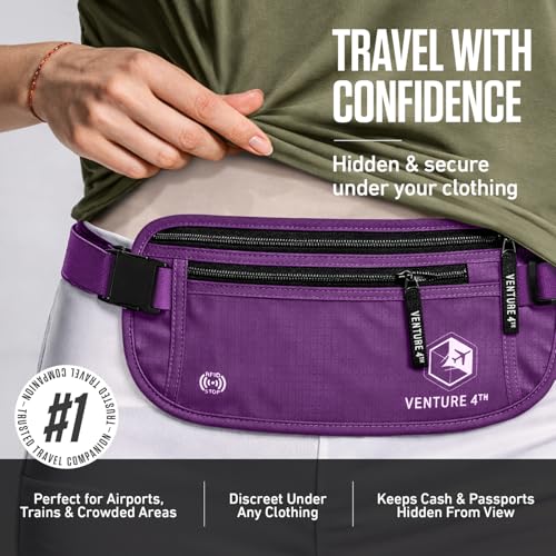 VENTURE 4TH Money Belt for Travel – Slim Hidden Under-Clothes RFID Blocking Anti-Theft Passport Holder & Travel Wallet Pouch for Men & Women to Protect Cash, Cards & Documents (Purple) - color: Purple
