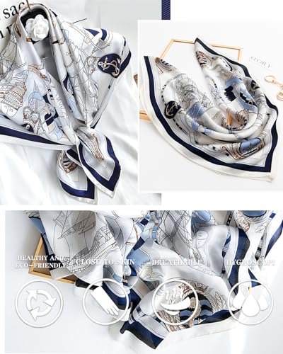 Saiusloa Neck Scarf For Womens Silky Head Scarves Hair Bandanas Square Scarf Fashion Accessories lightweight - color: 17-blue and White Sailing