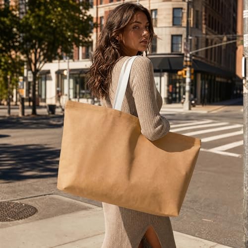 Large Canvas Tote Bag-Extra Big Shopping Beach Totes Bags Reusable Largest Grocery Plain Solid Bag 28"x8"x16" - color: Brown With Zipper