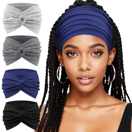 AQOKKA Extra Wide Headbands for Women Large Turban Headband Non Slip Boho Elastic Hairband Hair Twisted Knot Head Bands Accessories - color: 4 Pcs Solid: Navy Blue, Black, Dark Grey, Light Grey