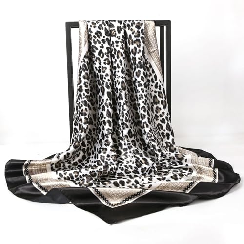 Leopard Print Head Scarf for Women Like Silk Satin Scarf for Hair Wrapping at Night Bandana Square Scarf 35 Inches - color: Black Gray Leopard