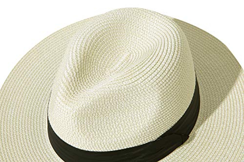 Lanzom Women Wide Brim Straw Panama Roll up Hat Fedora Beach Sun Hat UPF50+ - color: 02-fold Belt Beige, size: Large-X-Large