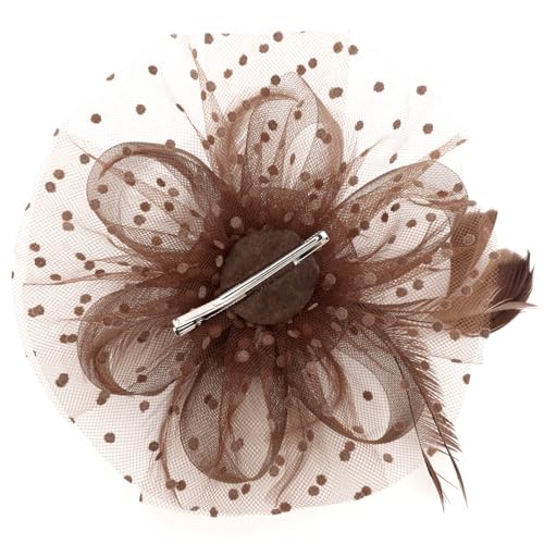 DRESHOW Fascinators Hat Flower Mesh Ribbons Feathers on a Headband and a Clip Tea Party Headwear for Girls and Women - color: 7" Diameter / Brown