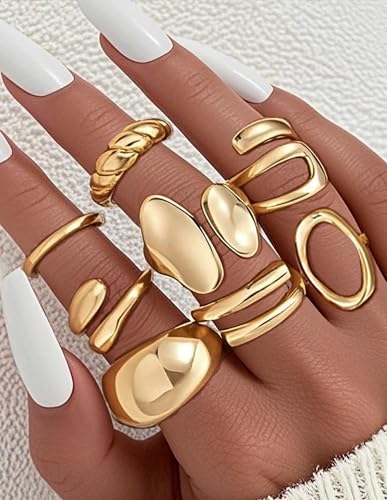 12Pcs Gold Chunky Rings 18K Gold Plated Stackable Open Knuckle Ring Set Hollow Heart Twist Croissant Dome Band Statement Finger Rings for Women Gold Silver Tone Adjustable - color: A-Gold