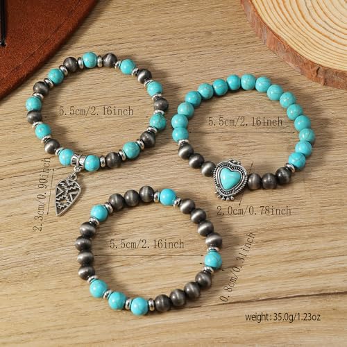 Western Turquoise Beaded Bracelet Stack - Vintage Cowgirl Stretch Set with Bull Skull, Feather & Boot Charms, Handmade Boho Jewelry for Rodeo, Country Concerts & Casual Western Outfits - style: 3