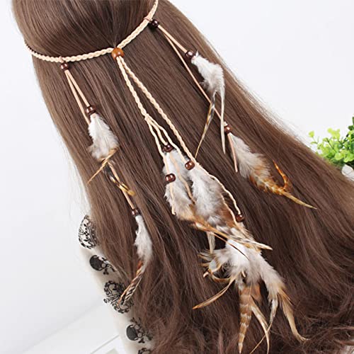 WLBON Halloween Boho Feather Headband Hippie Indian Hair Hoops Bands Tassel Bohemian Headpiece Hairband Women Christmas Wedding Holiday Festival Masquerade Cosplay Dress Up Birthday Party Accessories - color: White Tone