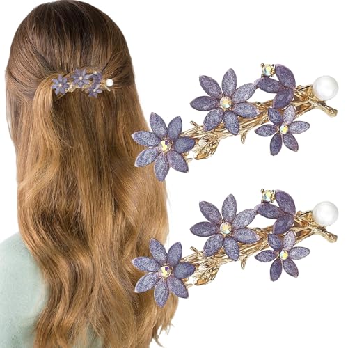 2 PACK Rhinestone Hair Clips Barrettes for Women, Purple Vintage Rhinestone Hair Clips Sparkly Crystal Clips Flower Small Hair Barrettes Fancy Wedding Hair Accessories for Women Girls Bridal - color: Purple