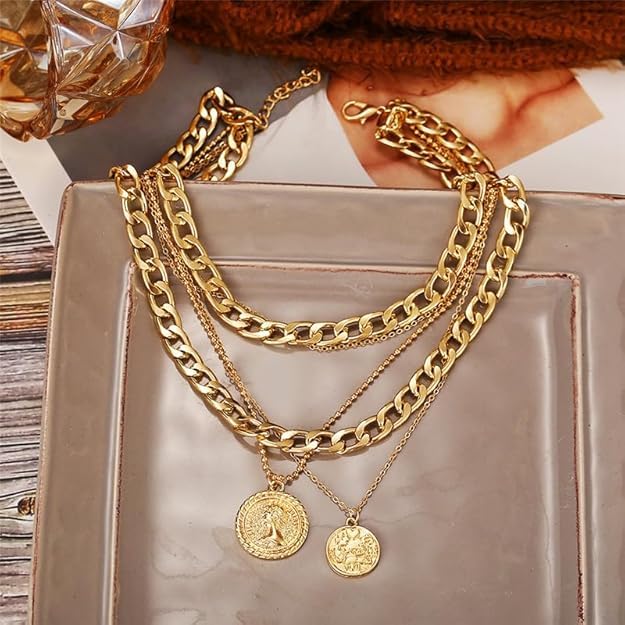 Gold Chunky Necklaces for Women Multi Layered Punk Gold Statement Necklaces Hip Hop Portrait Cuban Link Chain Necklace 90s Outfit Accessories - style: Style3