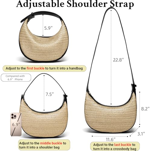 Herald Straw Crossbody Bag for Women Beach Woven Hobo Handbag Summer Chic Crescent Shoulder Purses with Adjustable Strap - color: Black