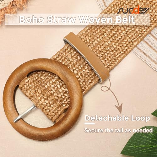 SUOSDEY Straw Woven stretchy Waist Belt for Women Dresses,Wide Boho Braided Elastic Belt with Round Buckle - color: 03-camel Wood, size: Fits waist from 24"-27"