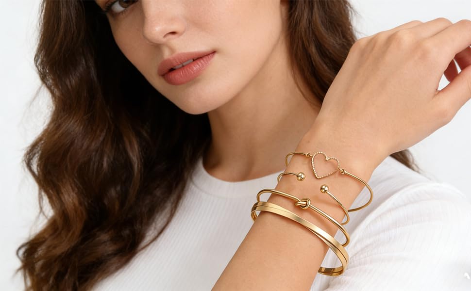 Alegend Titanium Steel (Not Rust, Resist Corruption, Easily Clean) 18K Gold Plated Single Bracelets + 14K Gold Plated Stackable Multilayer Bracelets - style: 14KGold + 4PCS D