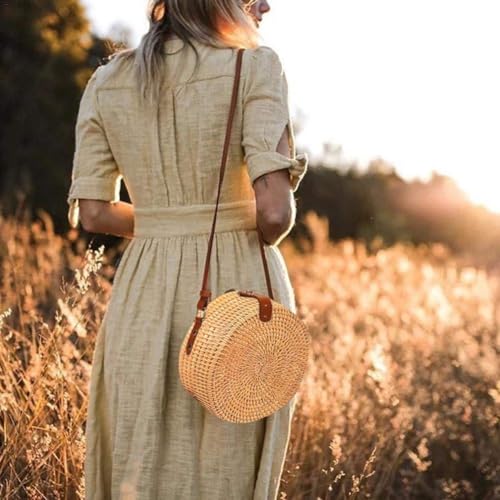 Boho Rattan Crossbody Bag, Handwoven Round Rattan Bag Purse for Women, Tote Basket Circle Boho Bag for Travel Summer Picnic - style: Rattan Bag With Non-adjustable Strap